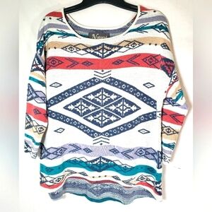 Natural Reflections Beige Aztec Prin Multicolored 3/4 Length Sleeve Sweater Sz S